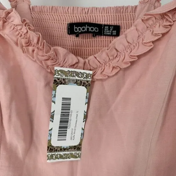 BooHoo Dress Pink Ruffle Sun Dress Smocked Womens Size 8 Knee Length Preppy NEW - Picture 9 of 10